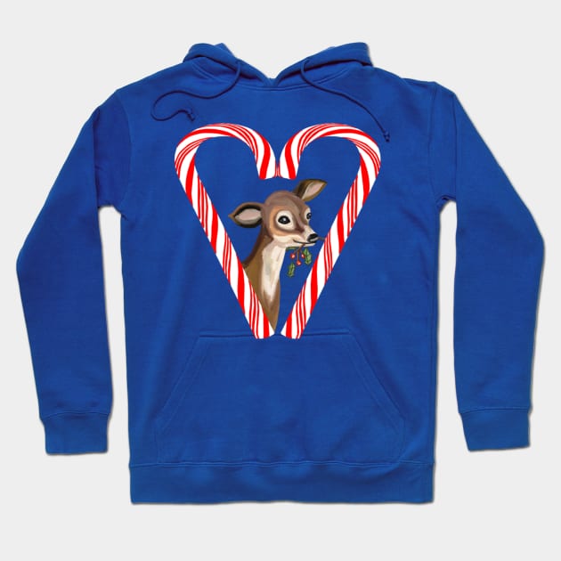 Baby Deer Peeking from Candy Cane Heart Hoodie by Art by Deborah Camp